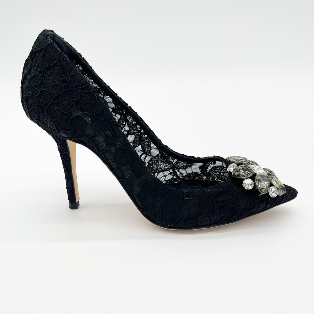 Dolce & Gabbana Bellucci Black Lace Crystal Brooch Pointed Toe Pumps Heels IT 36 - Picture 2 of 10